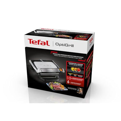 Tefal OptiGrill Contact Grill, 6 Programmes, Cooking Level Display, Removable Plates, Manual Mode, Electric Grill, Stainless Steel, GC705D16