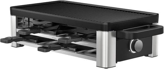 WMF Lono Raclette grill with pans and sliders, raclette 8 people, 1500 W, matt stainless steel