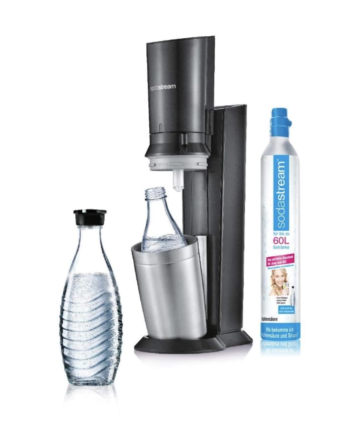SodaStream Crystal 3.0 Wassersprudler mit 1x Quick-Connect CO2-Zylinder und 2X Glaskaraffen, Silber, Schwarz, Titan, 45 cm