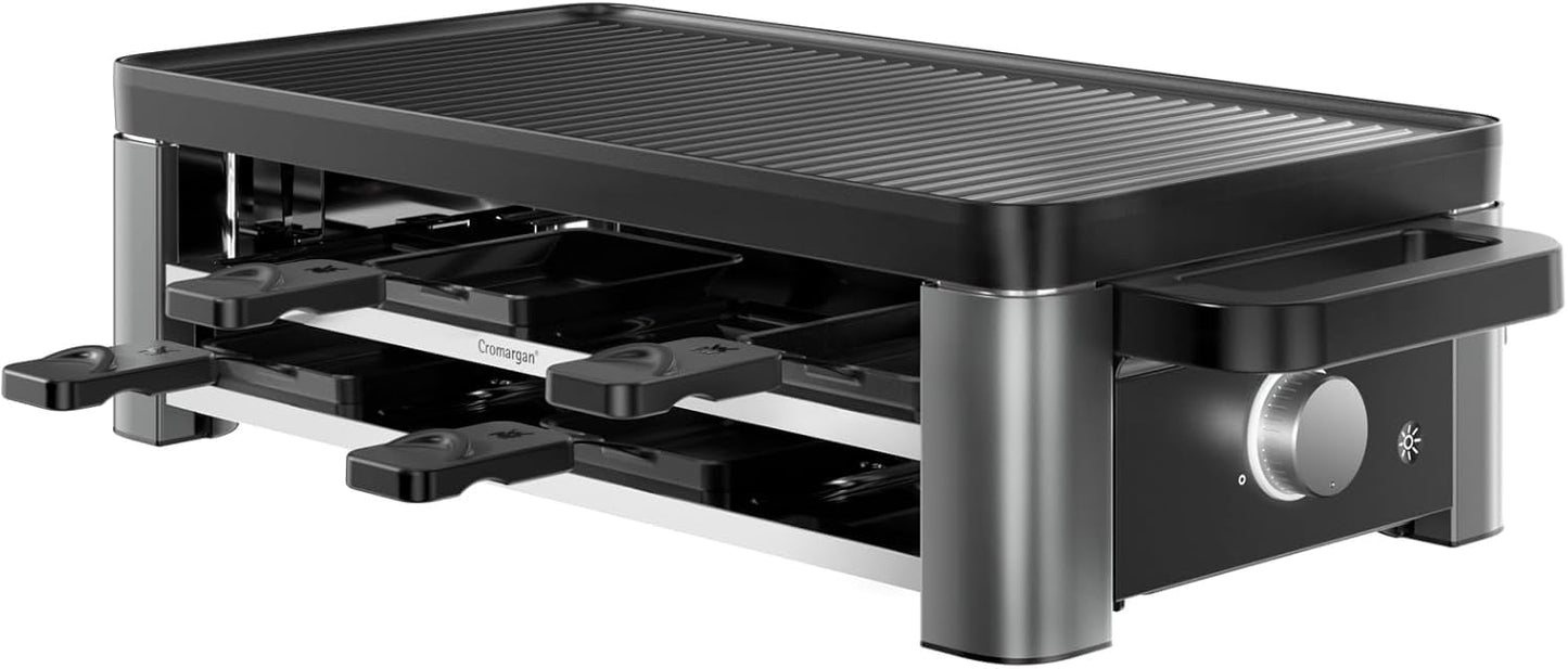 WMF Lono Raclette grill with pans and sliders, raclette 8 people, 1500 W, matt stainless steel