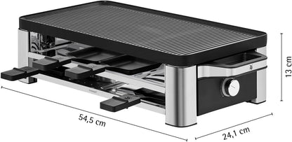 WMF Lono Raclette grill with pans and sliders, raclette 8 people, 1500 W, matt stainless steel
