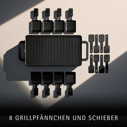 WMF Lono Raclette grill with pans and sliders, raclette 8 people, 1500 W, matt stainless steel