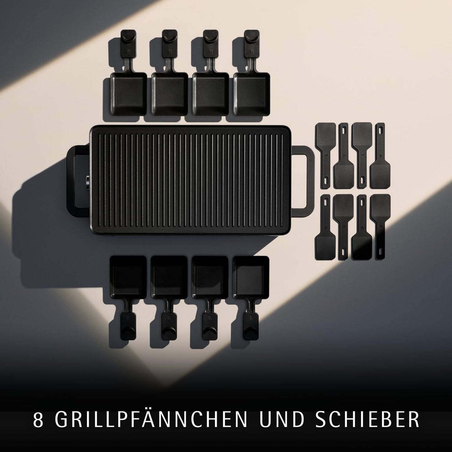 WMF Lono Raclette grill with pans and sliders, raclette 8 people, 1500 W, matt stainless steel