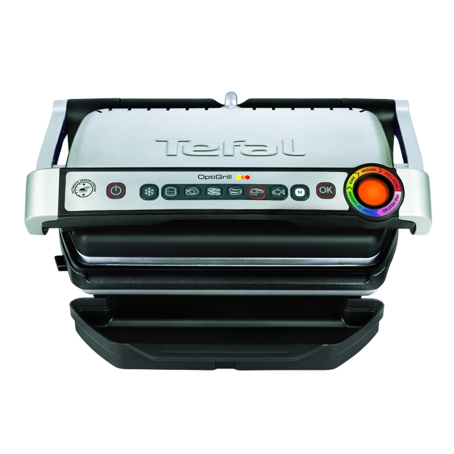 Tefal OptiGrill Contact Grill, 6 Programmes, Cooking Level Display, Removable Plates, Manual Mode, Electric Grill, Stainless Steel, GC705D16