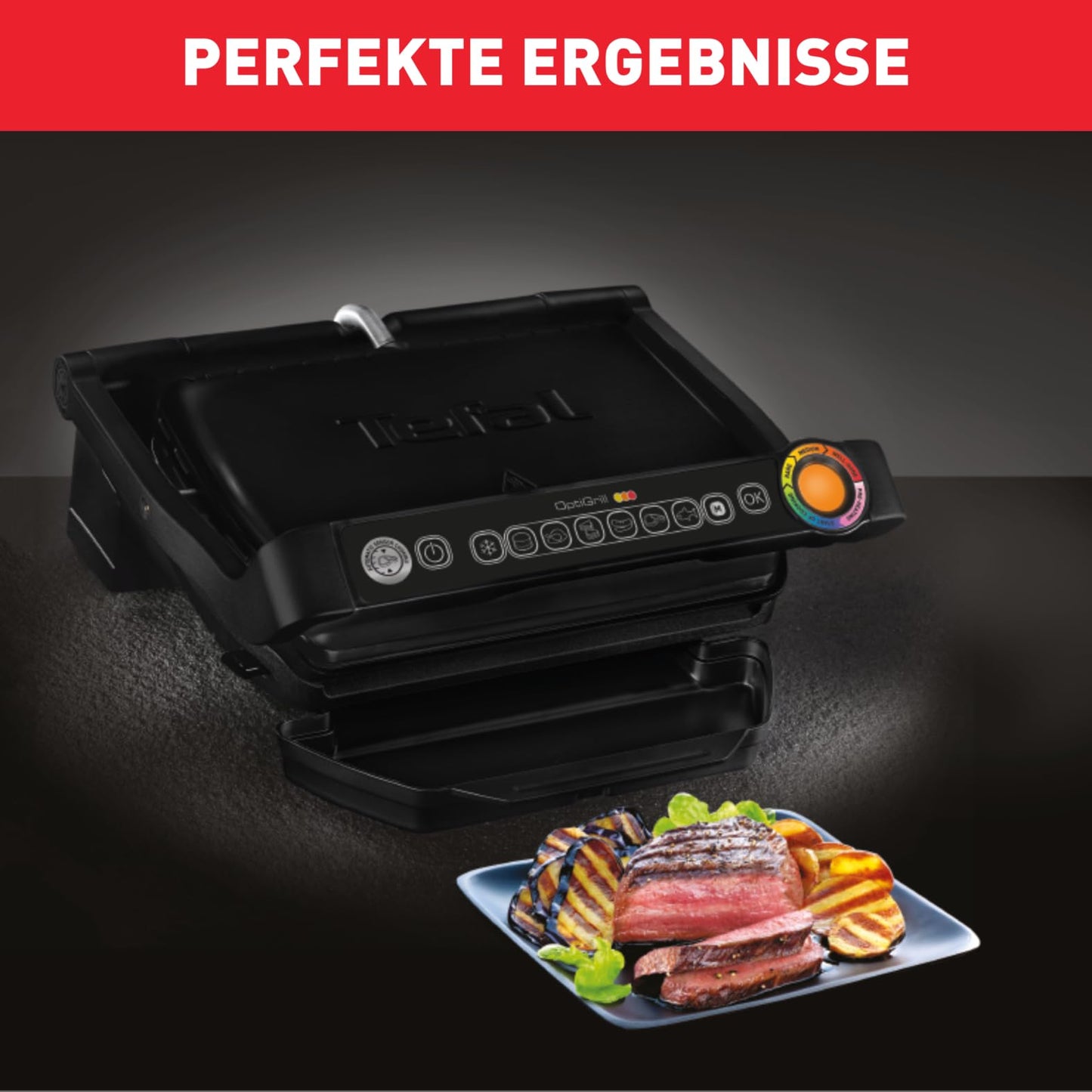 Tefal OptiGrill Contact Grill, 6 Programmes, Cooking Level Display, Removable Plates, Manual Mode, Electric Grill, Stainless Steel, GC705D16