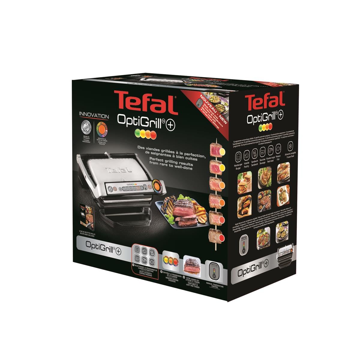 Tefal OptiGrill Contact Grill, 6 Programmes, Cooking Level Display, Removable Plates, Manual Mode, Electric Grill, Stainless Steel, GC705D16