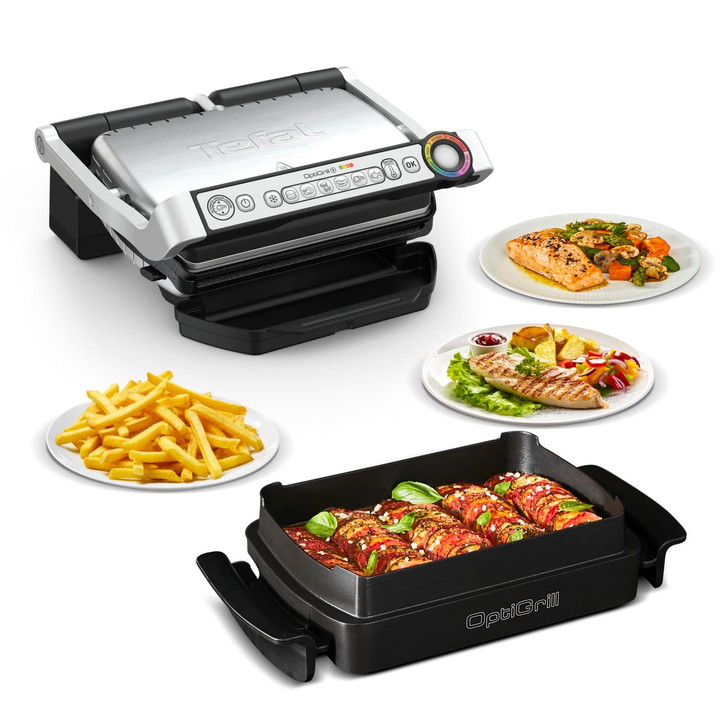 Tefal OptiGrill Contact Grill, 6 Programmes, Cooking Level Display, Removable Plates, Manual Mode, Electric Grill, Stainless Steel, GC705D16