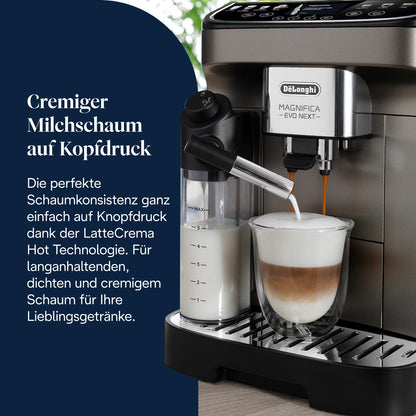 De'Longhi Magnifica Evo Next – 13 Drinks, Color Touch Display & LatteCrema
