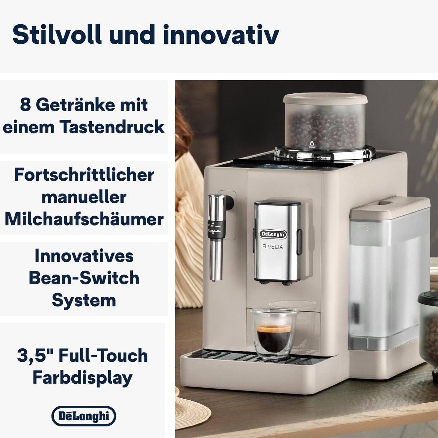 De'Longhi Rivelia – Interchangeable Bean Hopper, 16 Drinks & Touch Display