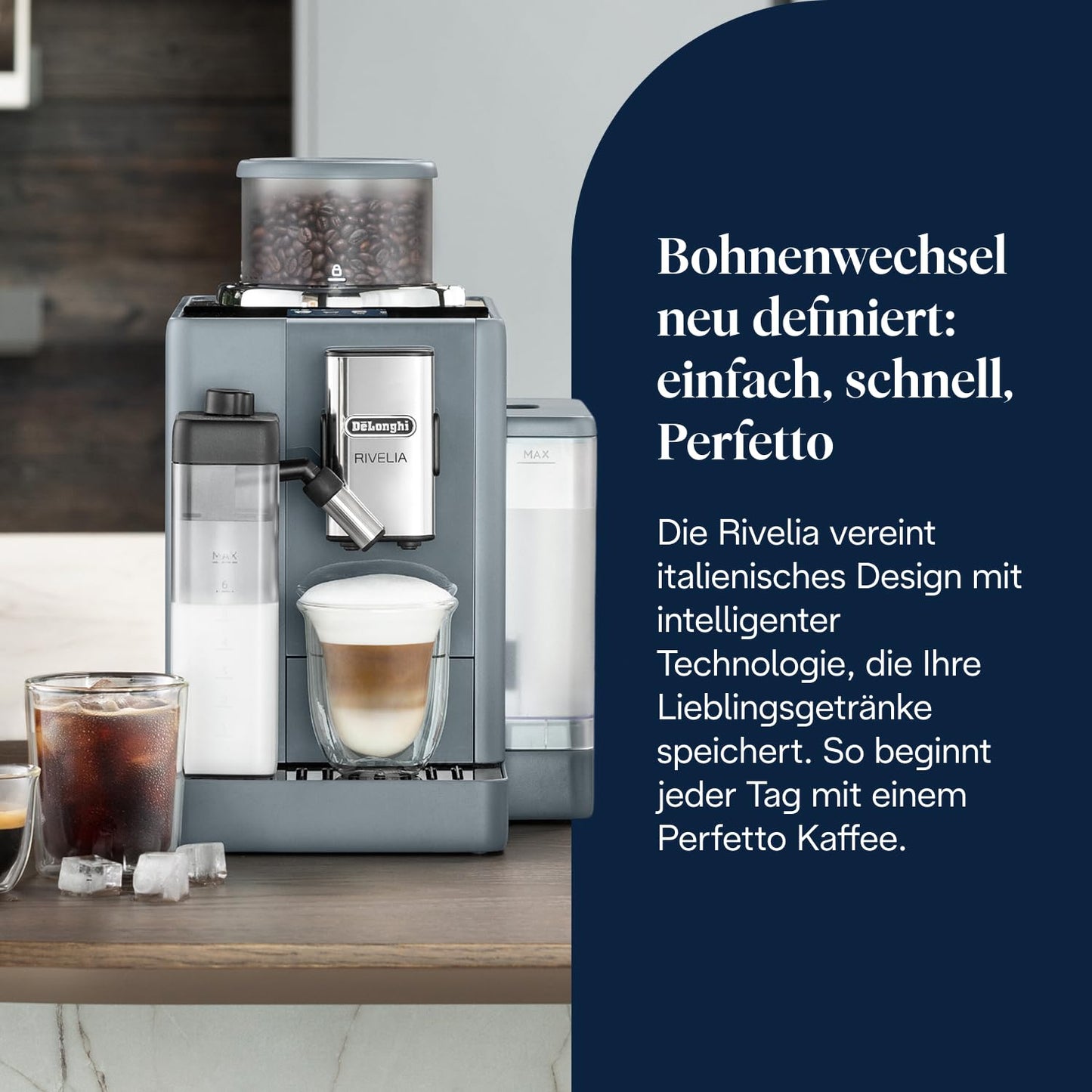 De'Longhi Rivelia – Interchangeable Bean Hopper, 16 Drinks & Touch Display