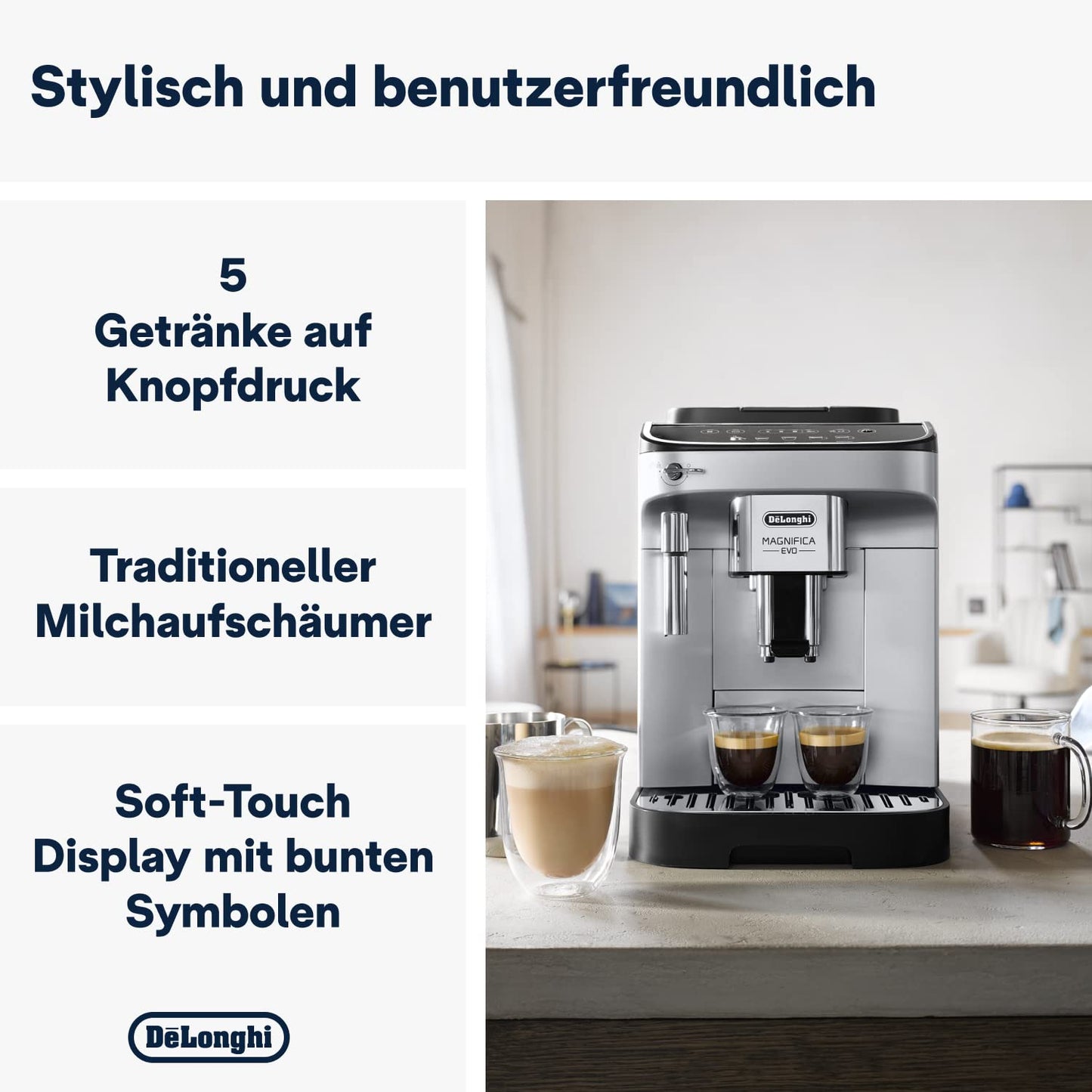 De'Longhi Magnifica Start – Manual Steam Wand, 13-Step Grinder & Soft Touch