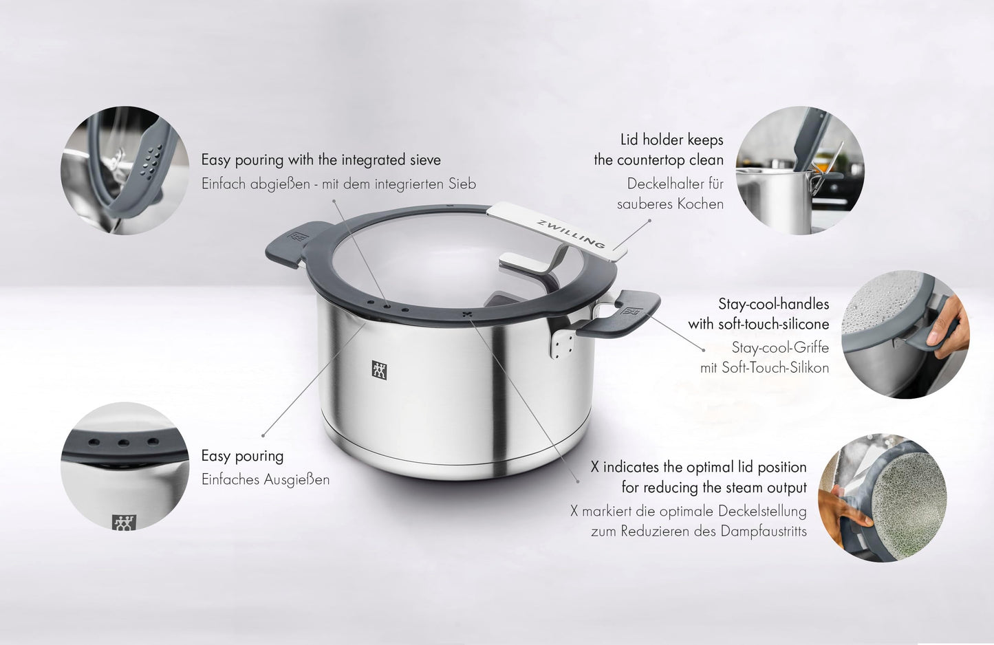 Feature-Highlight (Best for Practical Buyers) ZWILLING Simplify 5-Piece Pot Set with Integrated Strainer Lids