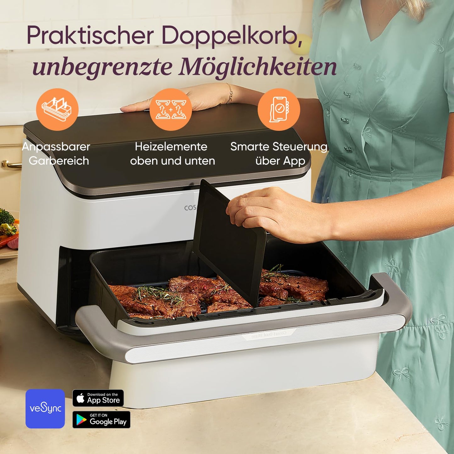 COSORI TwinFry 10L XXL – Dual Zone Air Fryer with 4 Heating Elements