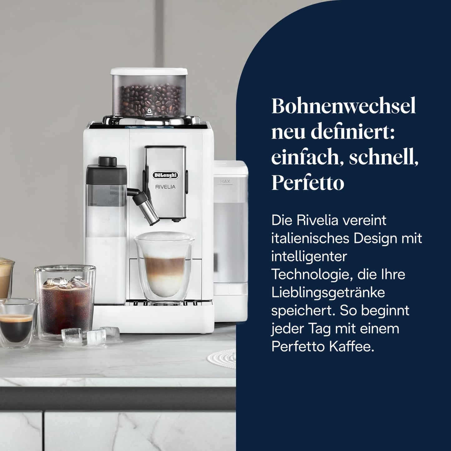 De'Longhi Rivelia – Interchangeable Bean Hopper, 16 Drinks & Touch Display