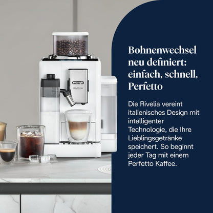 De'Longhi Rivelia – Interchangeable Bean Hopper, 16 Drinks & Touch Display