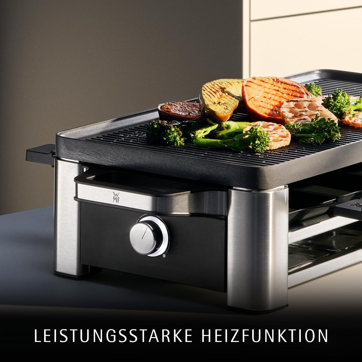 WMF Lono Raclette grill with pans and sliders, raclette 8 people, 1500 W, matt stainless steel