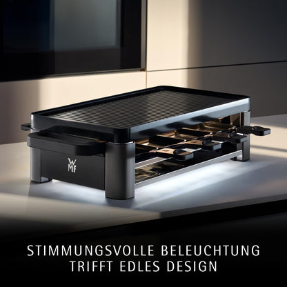 WMF Lono Raclette grill with pans and sliders, raclette 8 people, 1500 W, matt stainless steel