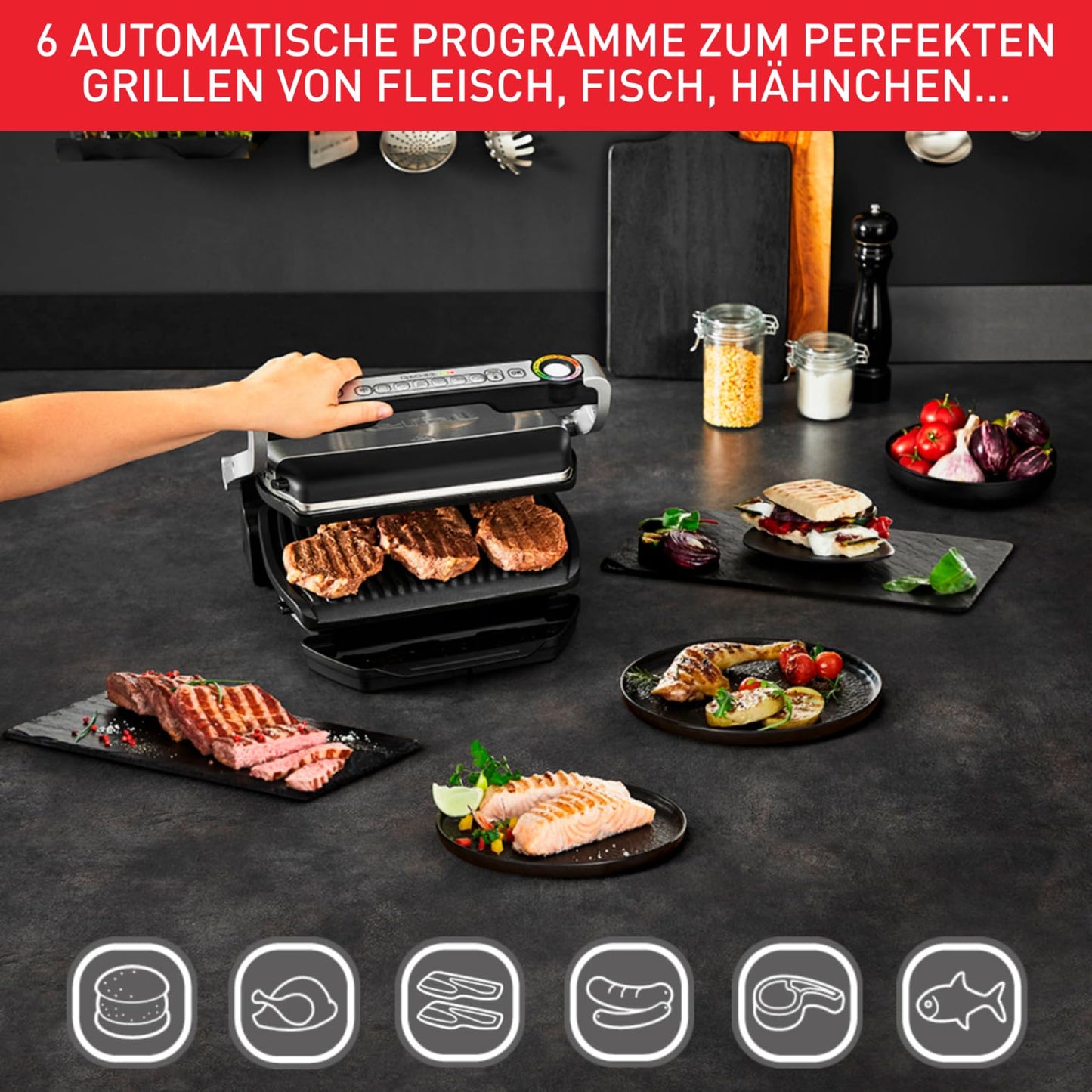 Tefal OptiGrill Contact Grill, 6 Programmes, Cooking Level Display, Removable Plates, Manual Mode, Electric Grill, Stainless Steel, GC705D16