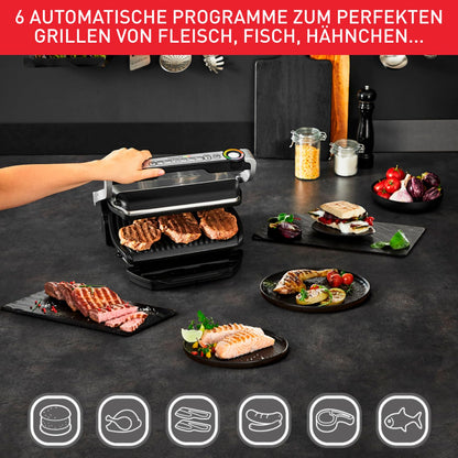 Tefal OptiGrill Contact Grill, 6 Programmes, Cooking Level Display, Removable Plates, Manual Mode, Electric Grill, Stainless Steel, GC705D16