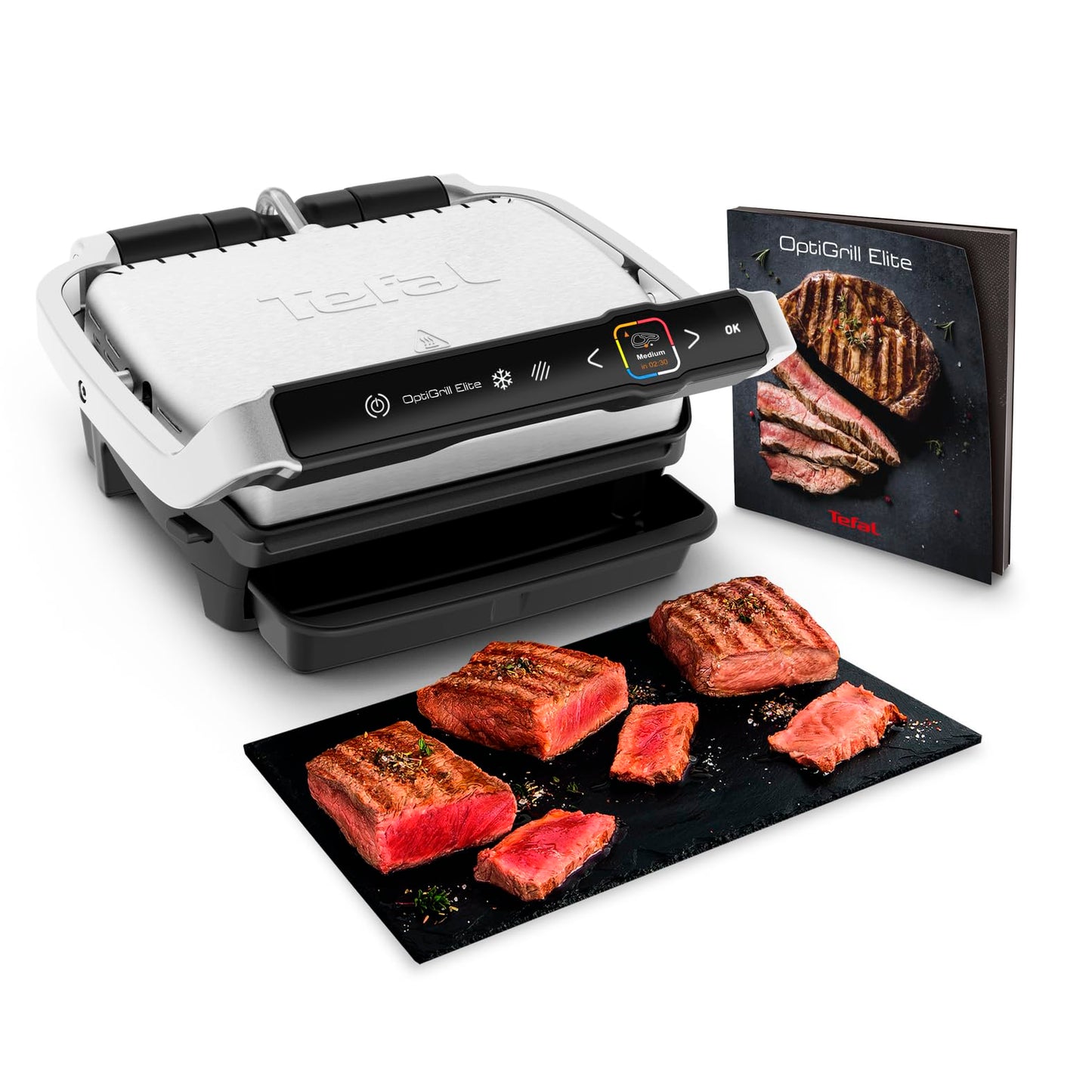Tefal OptiGrill Contact Grill, 6 Programmes, Cooking Level Display, Removable Plates, Manual Mode, Electric Grill, Stainless Steel, GC705D16