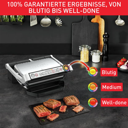 Tefal OptiGrill Contact Grill, 6 Programmes, Cooking Level Display, Removable Plates, Manual Mode, Electric Grill, Stainless Steel, GC705D16