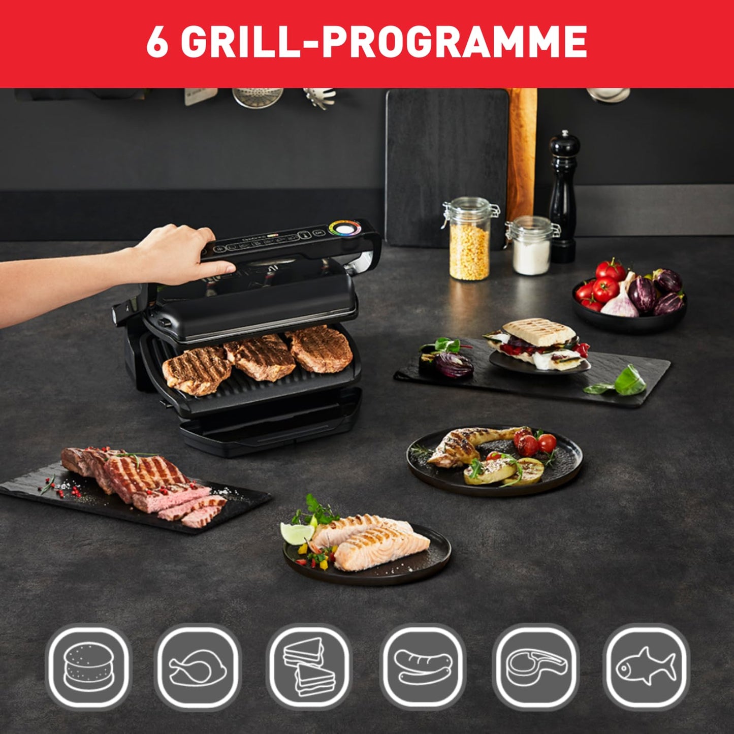 Tefal OptiGrill Contact Grill, 6 Programmes, Cooking Level Display, Removable Plates, Manual Mode, Electric Grill, Stainless Steel, GC705D16