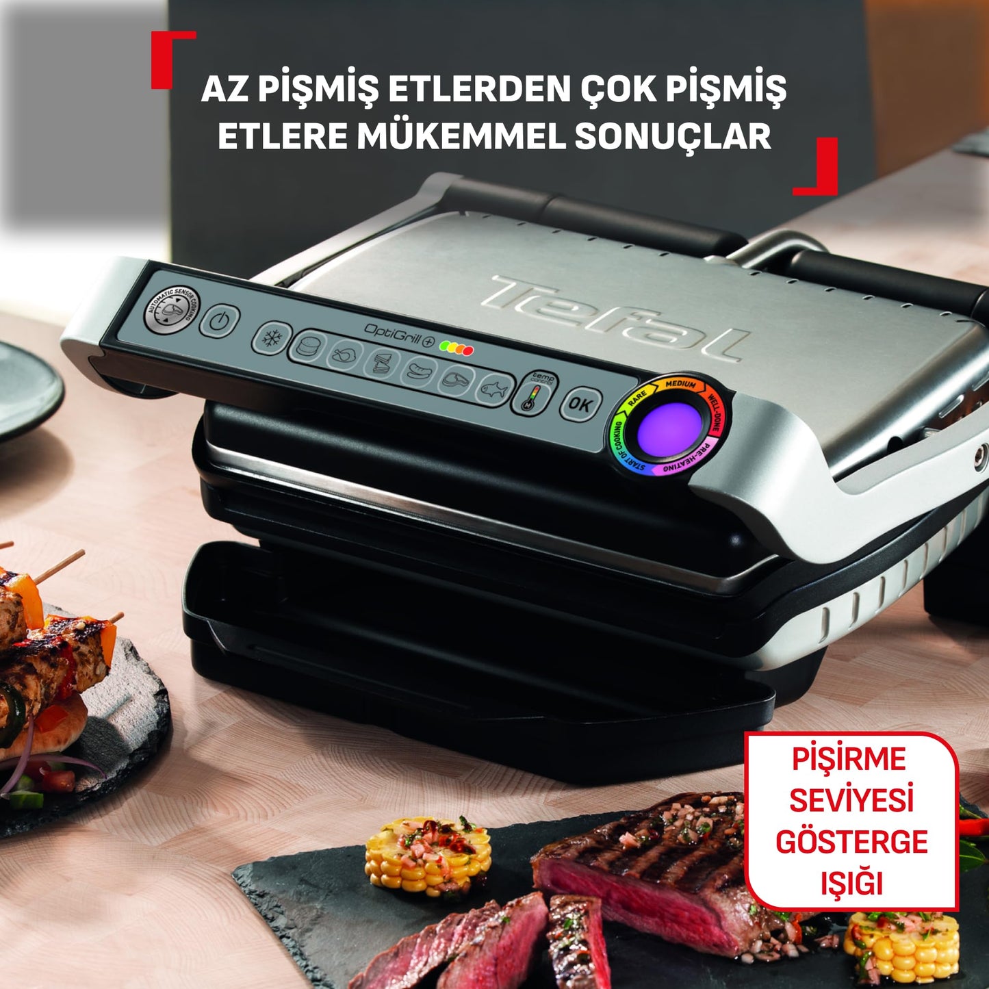 Tefal OptiGrill Contact Grill, 6 Programmes, Cooking Level Display, Removable Plates, Manual Mode, Electric Grill, Stainless Steel, GC705D16