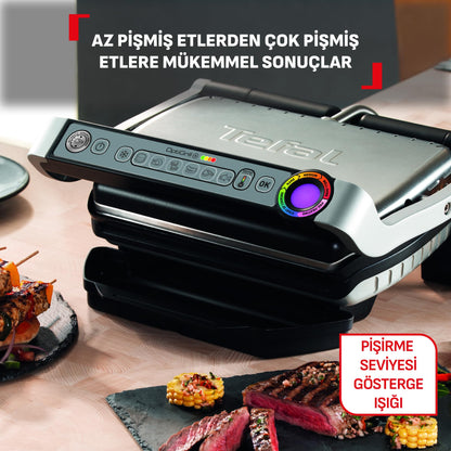 Tefal OptiGrill Contact Grill, 6 Programmes, Cooking Level Display, Removable Plates, Manual Mode, Electric Grill, Stainless Steel, GC705D16
