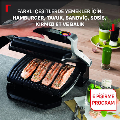 Tefal OptiGrill Contact Grill, 6 Programmes, Cooking Level Display, Removable Plates, Manual Mode, Electric Grill, Stainless Steel, GC705D16