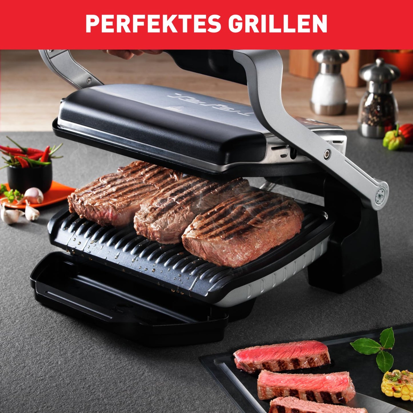 Tefal OptiGrill Contact Grill, 6 Programmes, Cooking Level Display, Removable Plates, Manual Mode, Electric Grill, Stainless Steel, GC705D16