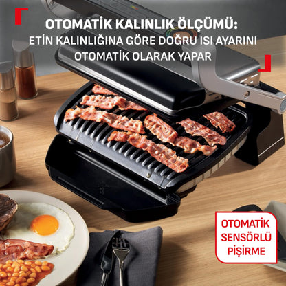 Tefal OptiGrill Contact Grill, 6 Programmes, Cooking Level Display, Removable Plates, Manual Mode, Electric Grill, Stainless Steel, GC705D16